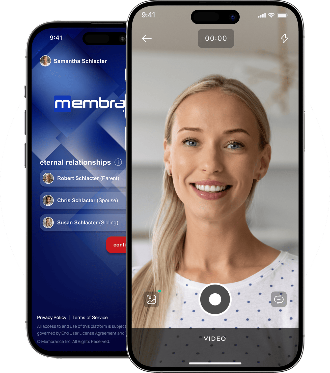 Membrance app on two phones: message list and video recording screen