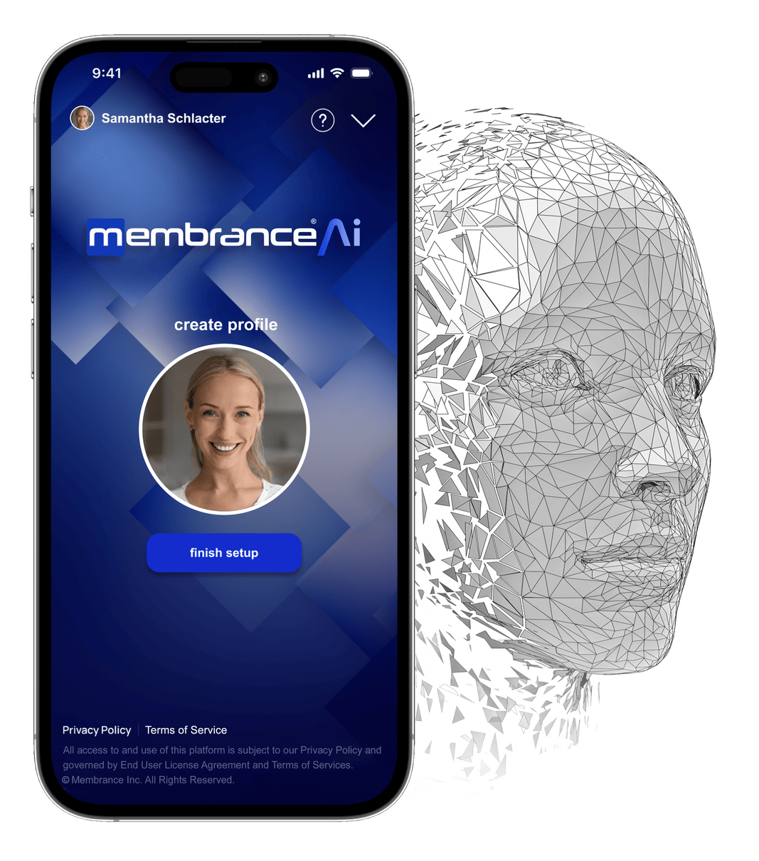 Membrance AI app screen beside a digital wireframe head