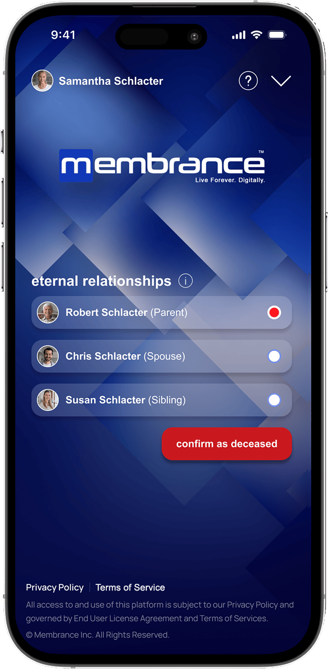 Membrance app home screen listing scheduled posthumous video messages