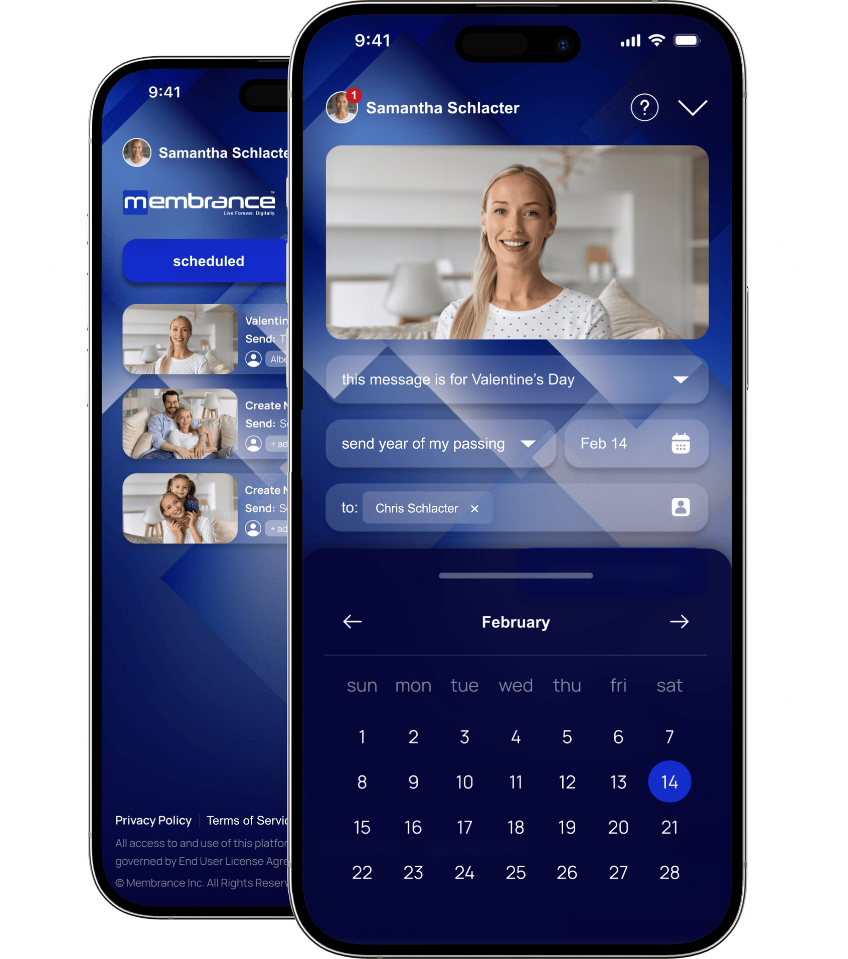 Membrance app screens showing message scheduling calendar and video messages