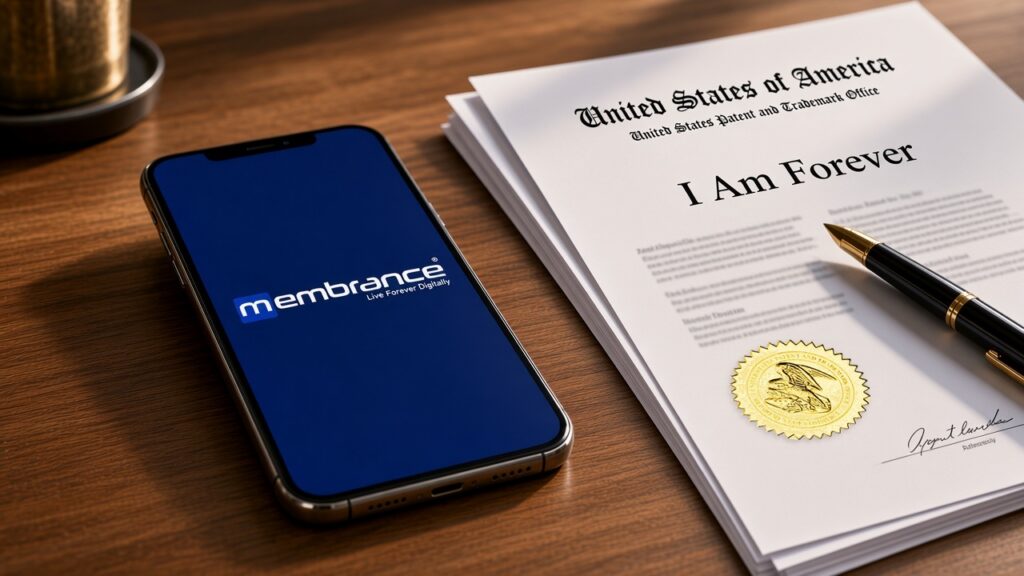 A smartphone showing the Membrance logo beside an I Am Forever U.S. trademark registration certificate with a gold seal